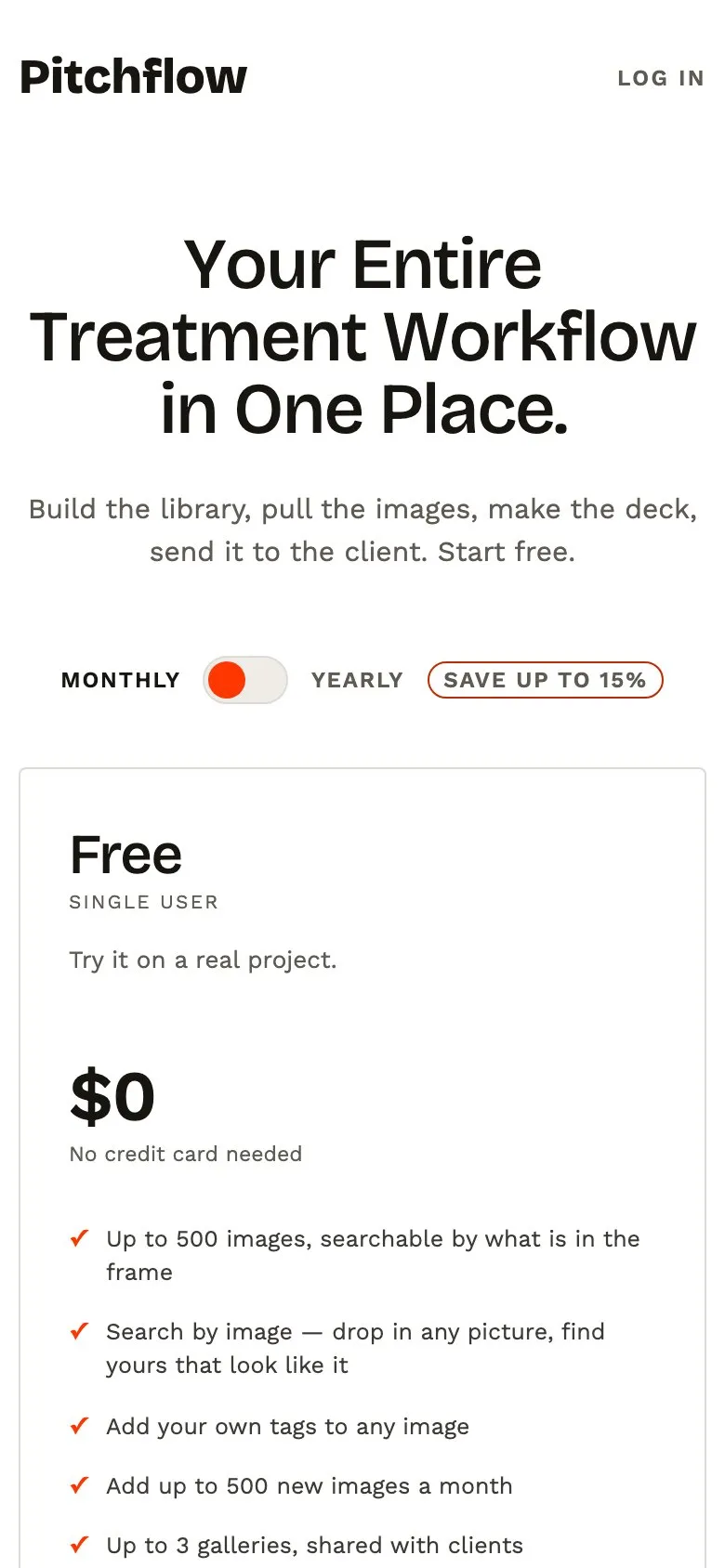 The pitchflow.xyz pricing page on a phone
