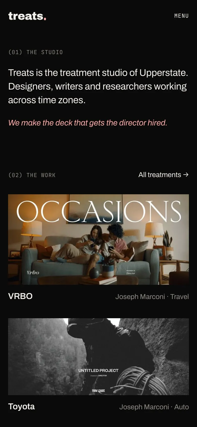 The treats.design home page on a phone