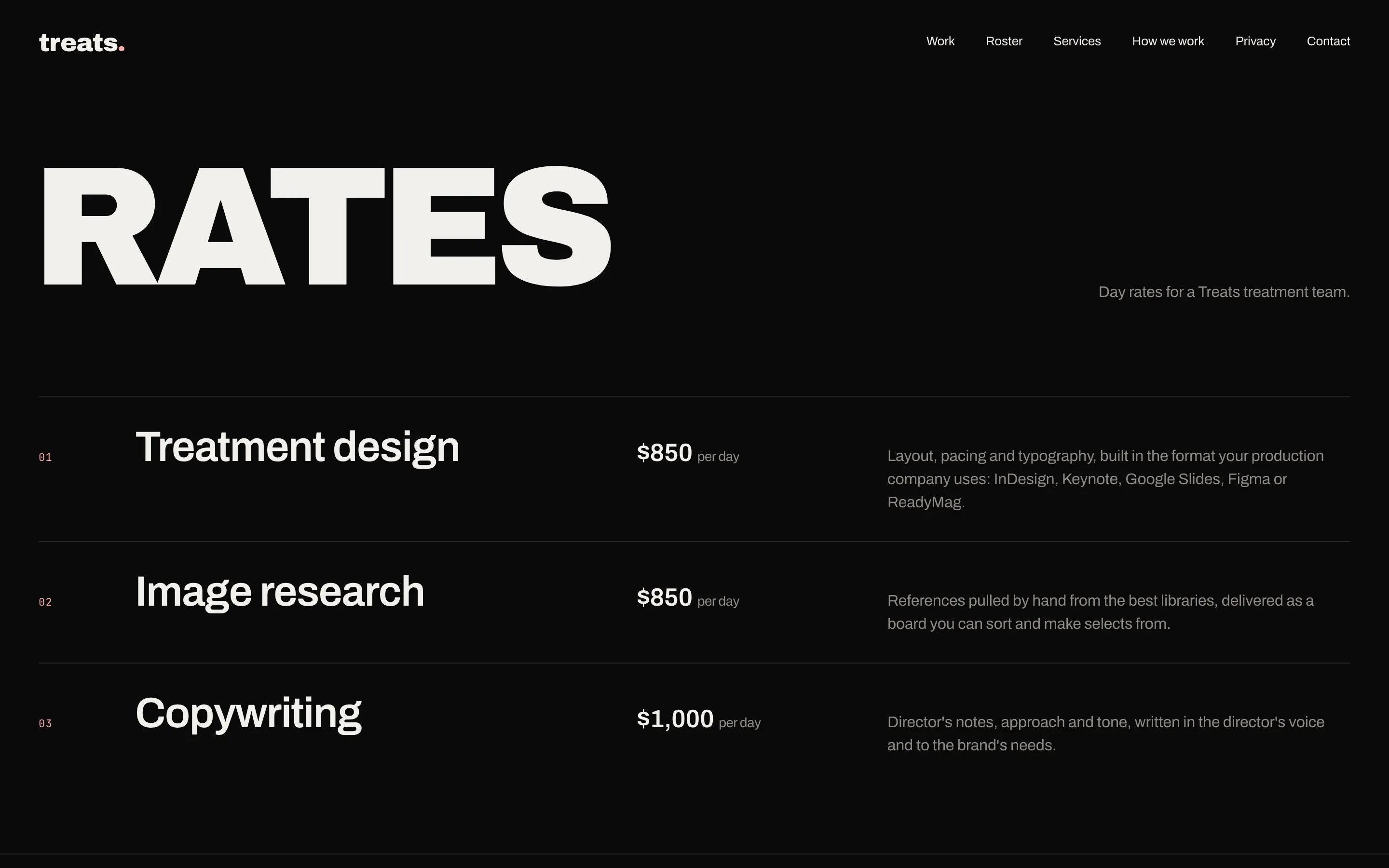 The rates page on treats.design