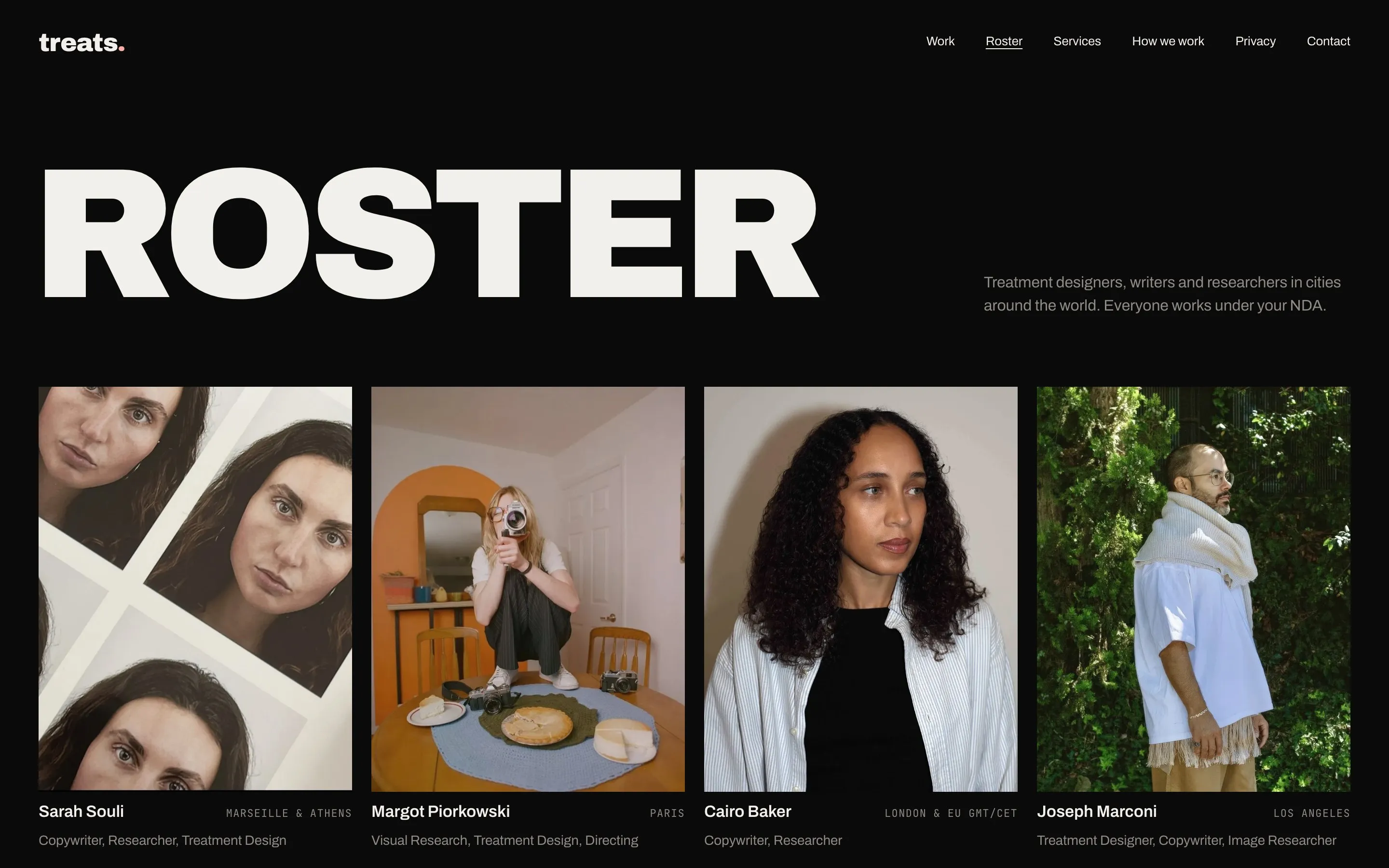 The roster page on treats.design
